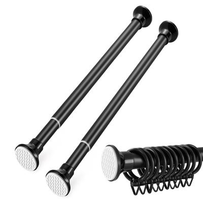 Two 2.4m Tension Rods, 130cm-240cm, Extendable Shower Curtain Rods, Strong Indoor Use, Black, with 36 Curtain Slip Rings