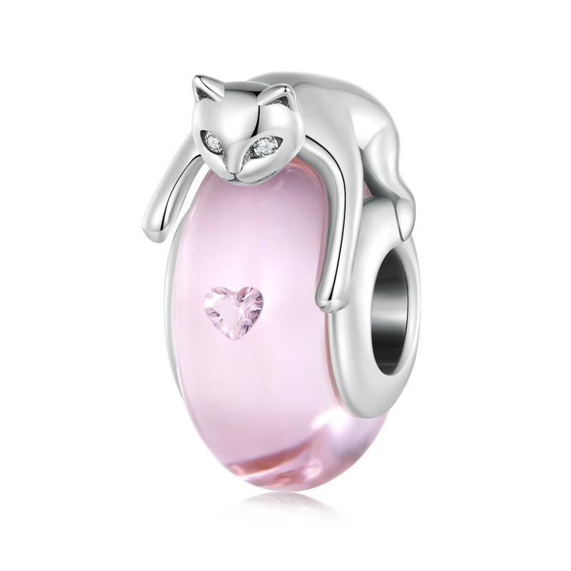 WOSTU 925 Sterling Silver Pink Murano Glass Beads Lovely Cat Pet Charms Fit Original Bracelet DIY Necklace Women Jewelry Making