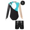 Girls Mesh Long Sleeve Keyhole Back Shiny Leotard Metallic High Waist Dance Shorts Hair Band Gymnastic Performance Outfit