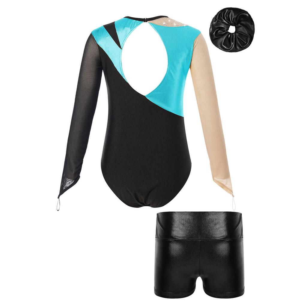 Girls Mesh Long Sleeve Keyhole Back Shiny Leotard Metallic High Waist Dance Shorts Hair Band Gymnastic Performance Outfit