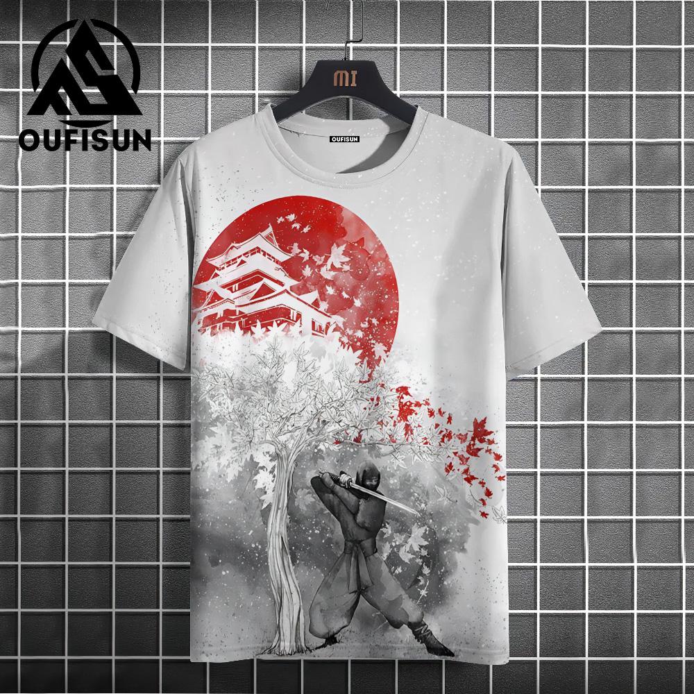 Japanese Style Men's T-Shirt Warrior Pattern Printed T-Shirts Casual Loose Short Sleeved Tees Oversized Men Clothing Tops Summer