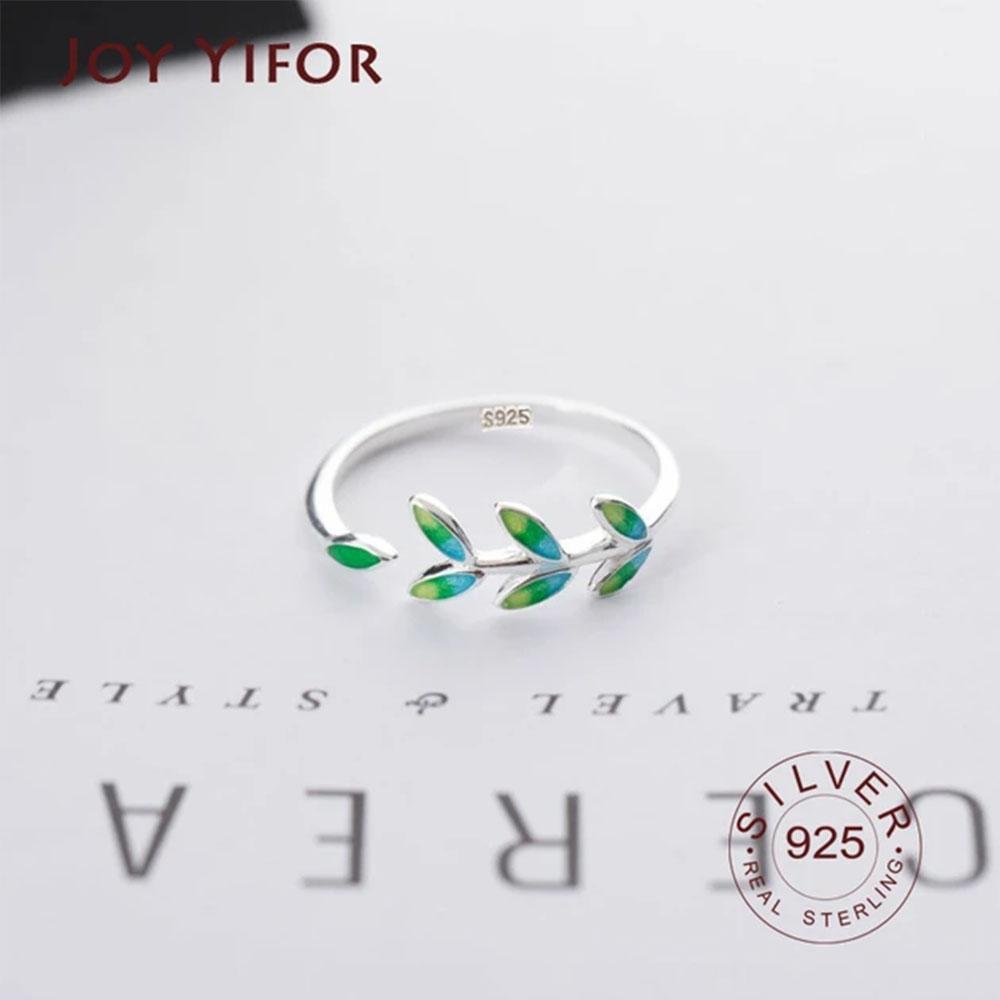Green Leaf Handmade Creative BFCLUB  Silver Color Temperament Personality Fashion Female Trendy Resizable Opening Rings