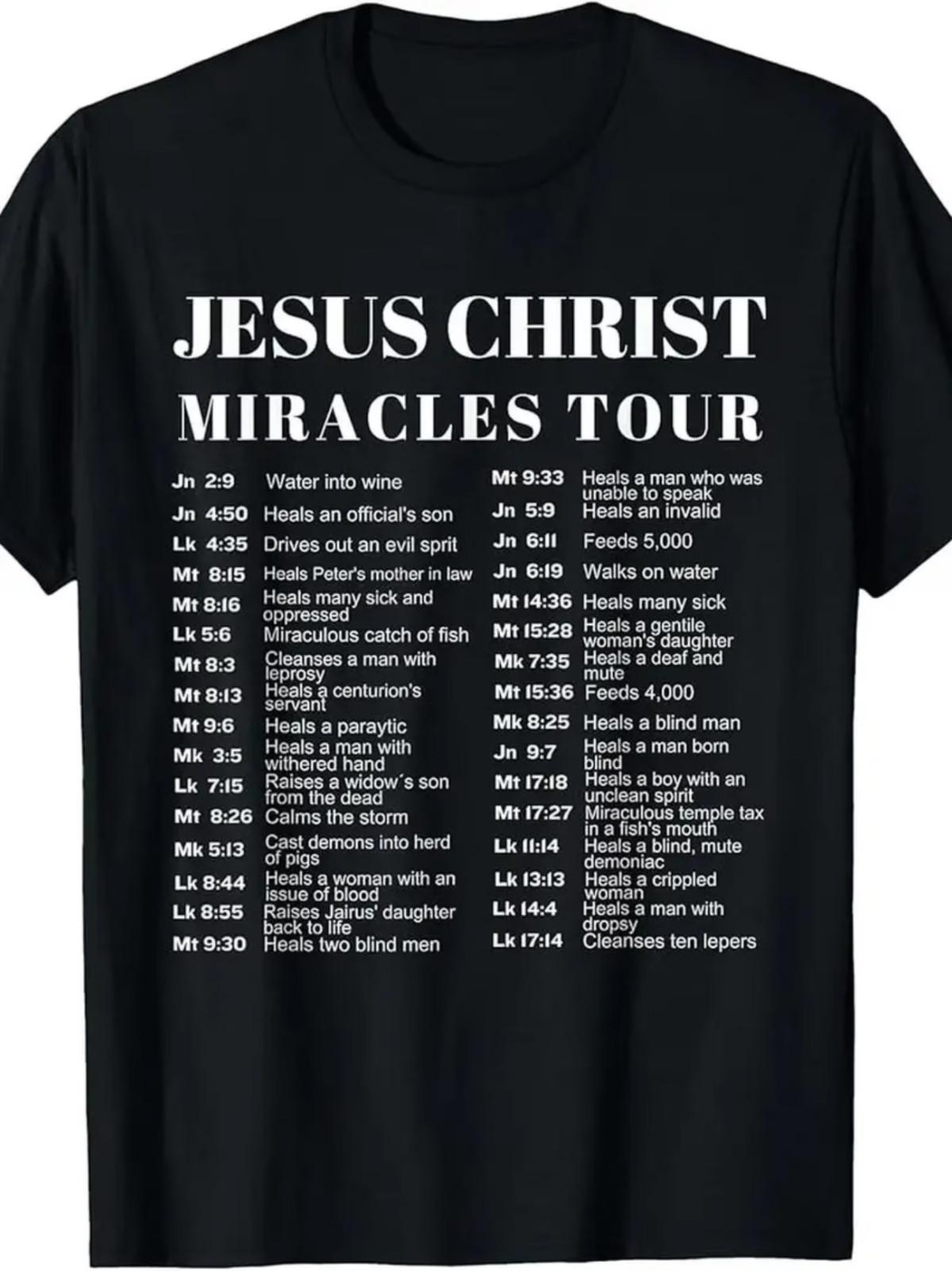 Jesus Christ Miracles Tour Print T-Shirt, 100% Cotton Crew Neck Tee Unisex T-Shirt XXL