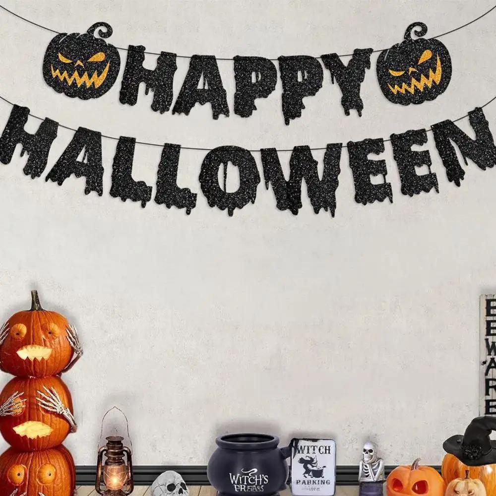 Runtow Happy Halloween Banner , Halloween Paper Hanging Garland Bunting Banner ,Pumpkin Flag, Halloween Party Backdrop Decor