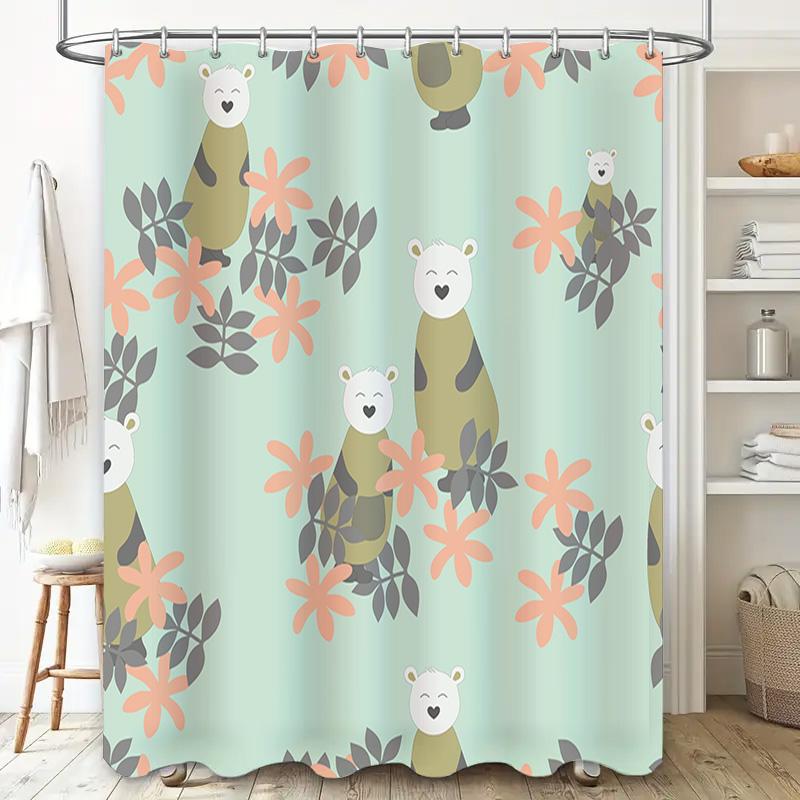 Cute Cartoon Polar Bear Shower Curtain Floral Print Fabric Bath Decoration Waterproof Home Decor Bathroom Accessories (Mint Gree