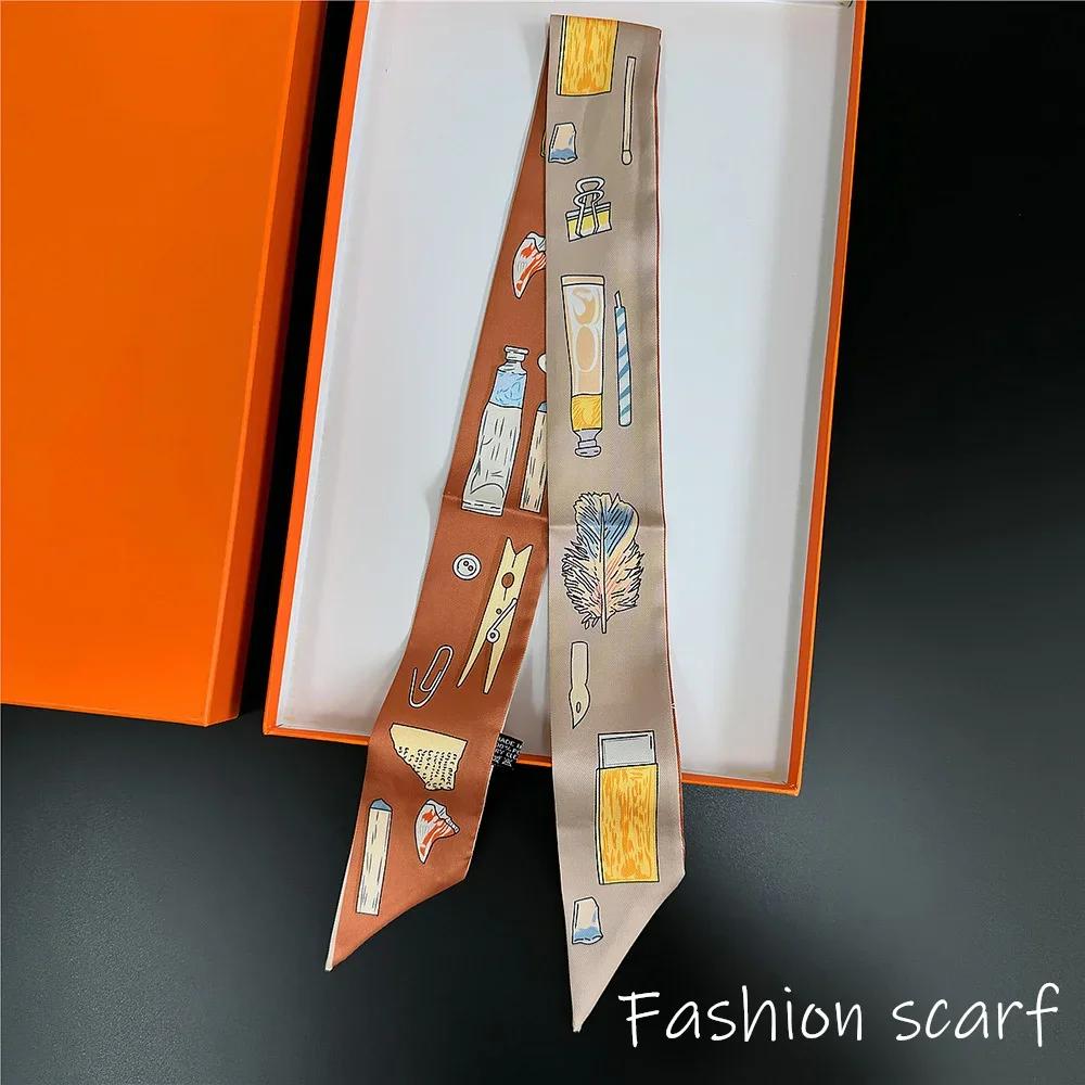 1 Stück Neuer Koreanischer Stil Griff Damen Köperdruck Schal Langes Band Haarband Halskette Schmaler Seidenschal Taschen Dekoration Zubehör