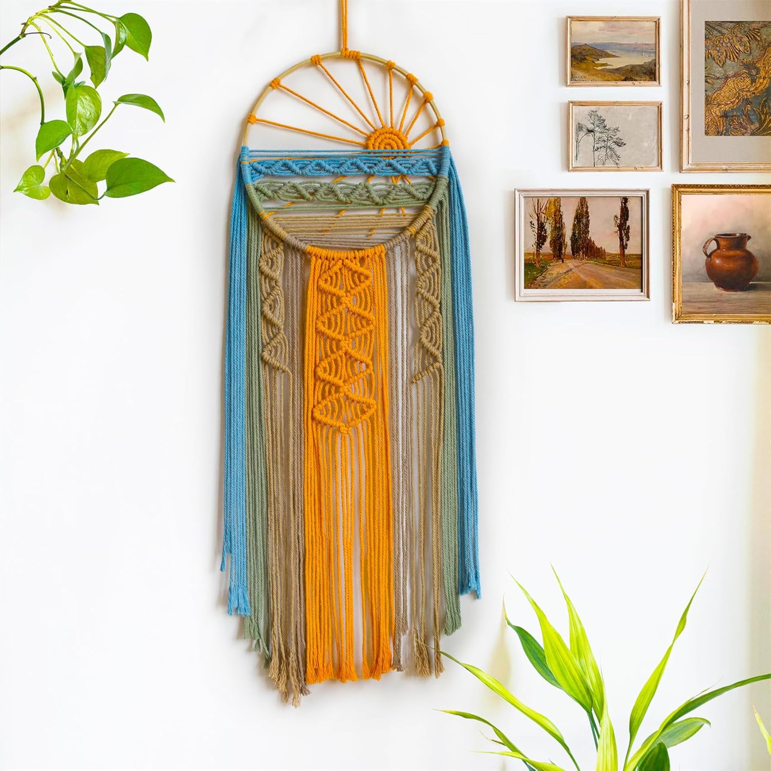 LB Macrame Wall Hanging Boho Macrame Wall Decor, Sunset Wall Art Dream Catcher Hand Woven Wall Art Boho Colorful Sun Tapestry for Bedroom Living Room оранжевый