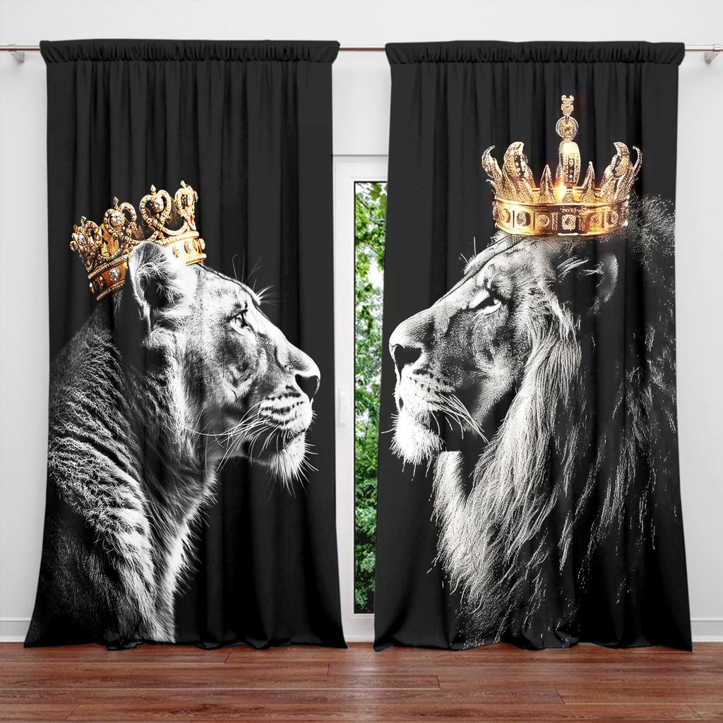 2pcs Crown Lion Printed Curtain for Home Decor - Rod Pocket Window Treatment for Bedroom, Office, Kitchen, Living Room,and Study