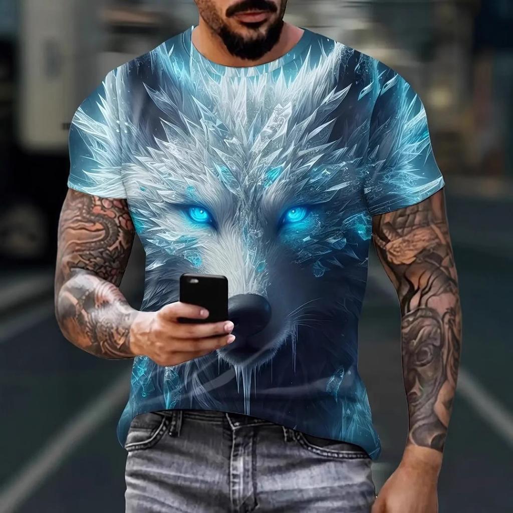Summer Round Neck 3D Print Wolf Pattern Top Fashionable Casual Short Sleeved Men's T-shirts