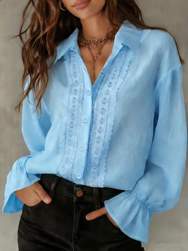 Camisa Versátil de Color Sólido con Botones, Encaje, Manga Larga y Solapa para Mujer 2026