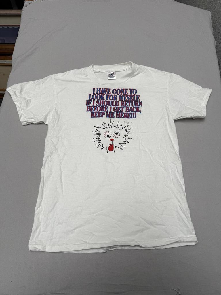 VTG Bipolar Cat T-shirt Gone To Look For Myself Crazy Cat