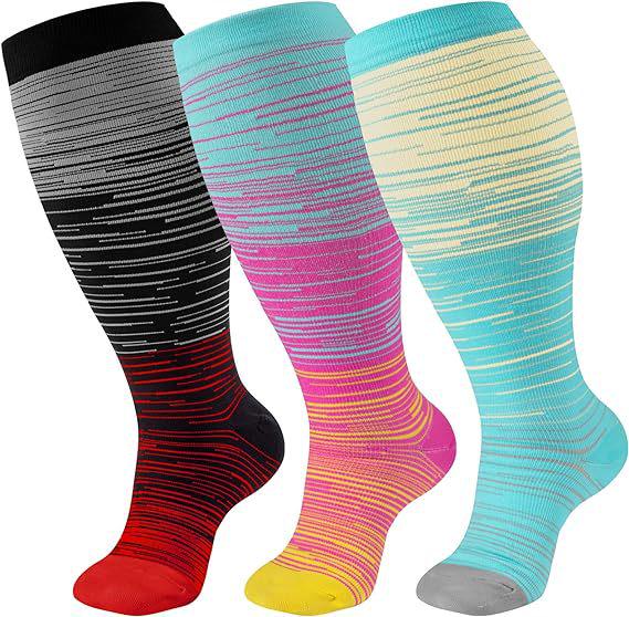 Three-Pair Pack Plus Size Knee-High Compression Socks for Wide Calf - Extra Large Support & Circulation Pressure Socks