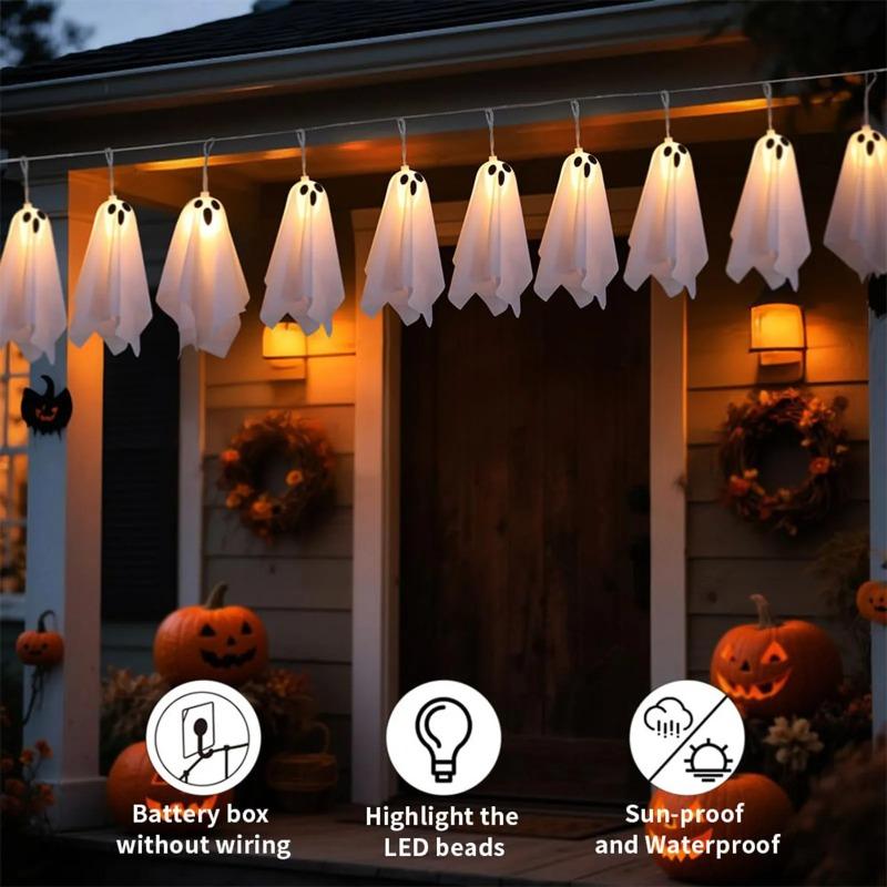 Haunted House Decor Halloween White Hanging Ghost Lights Horror Flying Ghost Props Glowing Spooky Ornaments for Halloween Party Outdoor Yard Decor