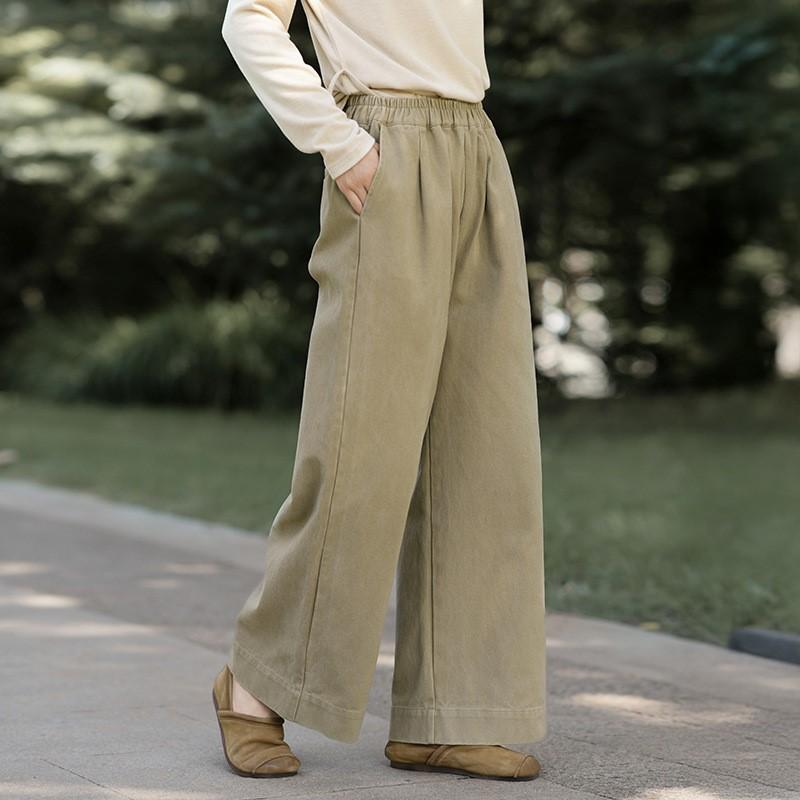 Johnature Women Vintage Straight Pants Solid Color Elastic Waist Trousers Autumn Pockets Soft Long Pants