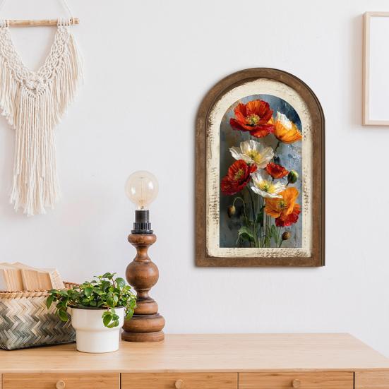 Vintage Framed Wall Art, Curved Wooden Floral Wall Art, Arched Wood Framed Wall Art, Rustic French Country Style Paintings for Bedroom