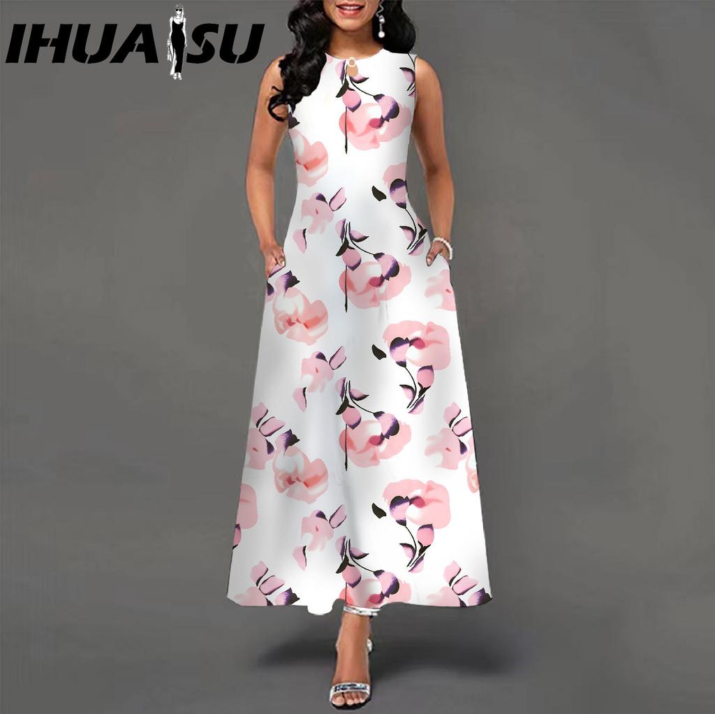 IHUASU 48 Farben Neues Damen Lockeres Vintage Blumenmuster Rüschenkleid Befree Kleid Großes Sommerparty Tanktops Elegante Maxikleider