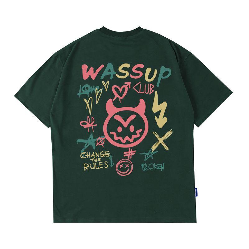 Wassup Heods Hand-Painted Graffiti Trendy Brand Couple T-Shirt Summer American Street Casual Round Neck Men's and Women's Short Sleeves