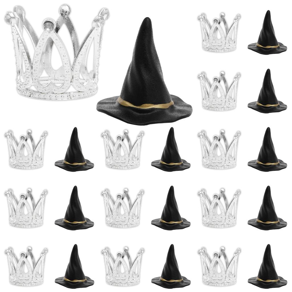 24Pcs Witch Hat and Crown Cake Topper for Kids Birthday Baby Shower Party Decorations Silver Crown Decor Princess Cake Accessory