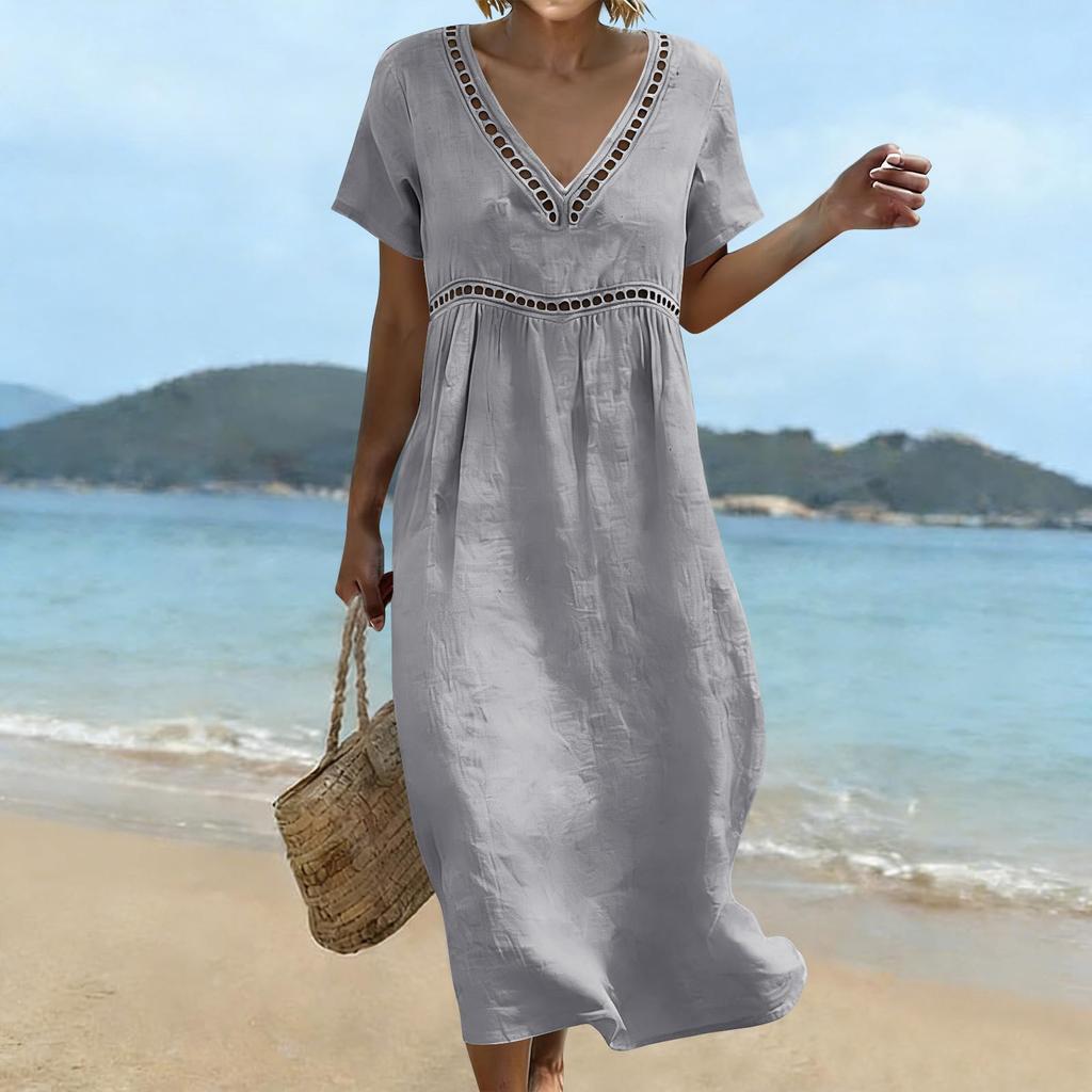Women’s Summer V Neck Short Sleeve Cotton Linen Dress Hollow Lace Trim Loose Fit Midi Casual Dress for Daily Wear