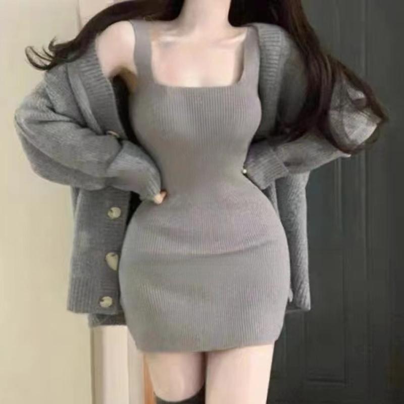 Gray 2 Piece Dress Set Women Casual Long Sleeve Cardigan Bodycon Strap Sweater Dress Evening Party Knitted Suit 2023 Winter