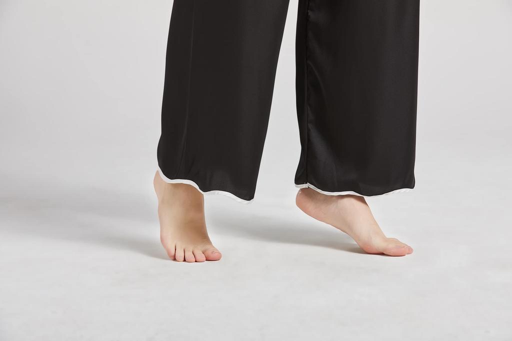 KUMASEN Silk Satin Pajama Long Open Size L Women's 100% Set, Loungewear, Sleeves, Skin-Friendly, Front, Black,