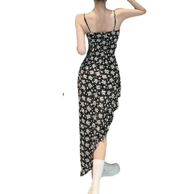 Pure Desire Sweet Spice Girl Style Design Sexy Niche French Split Irregular Floral Suspender Dress Female Summer Girl