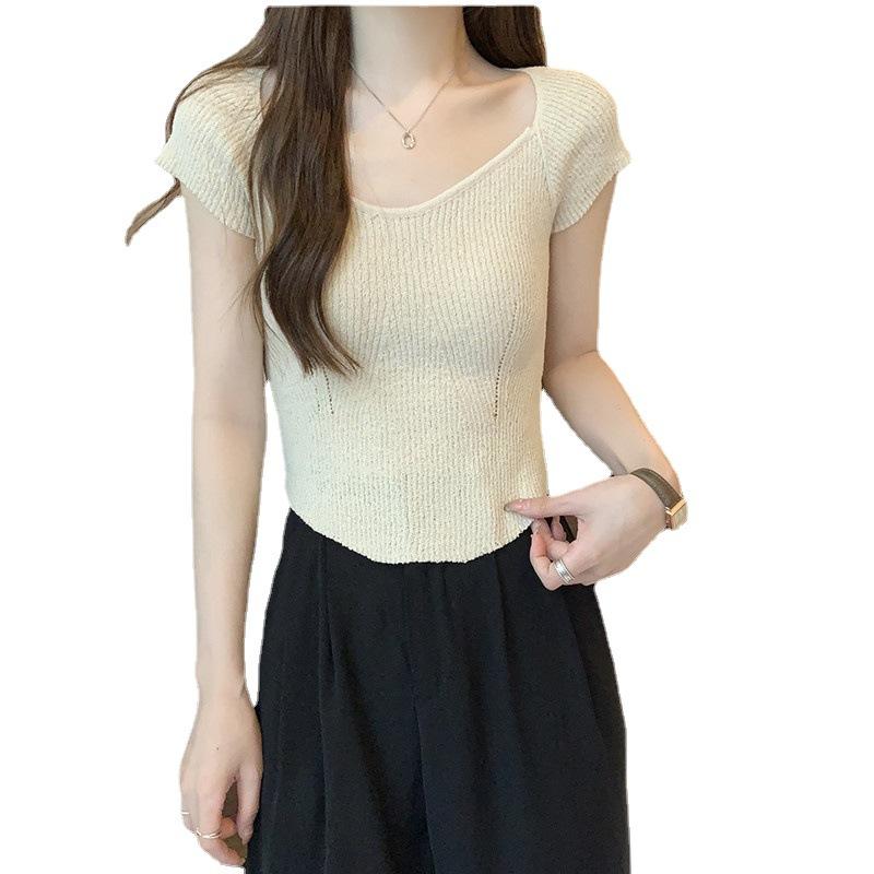 Pletená košile s krátkým rukávem s výstřihem do V Dámské letní modely Smysl pro design s pozitivním ramenem Niche Slim Krátké Nepravidelné Sladěné Topy Ležérní Pulovry Trička