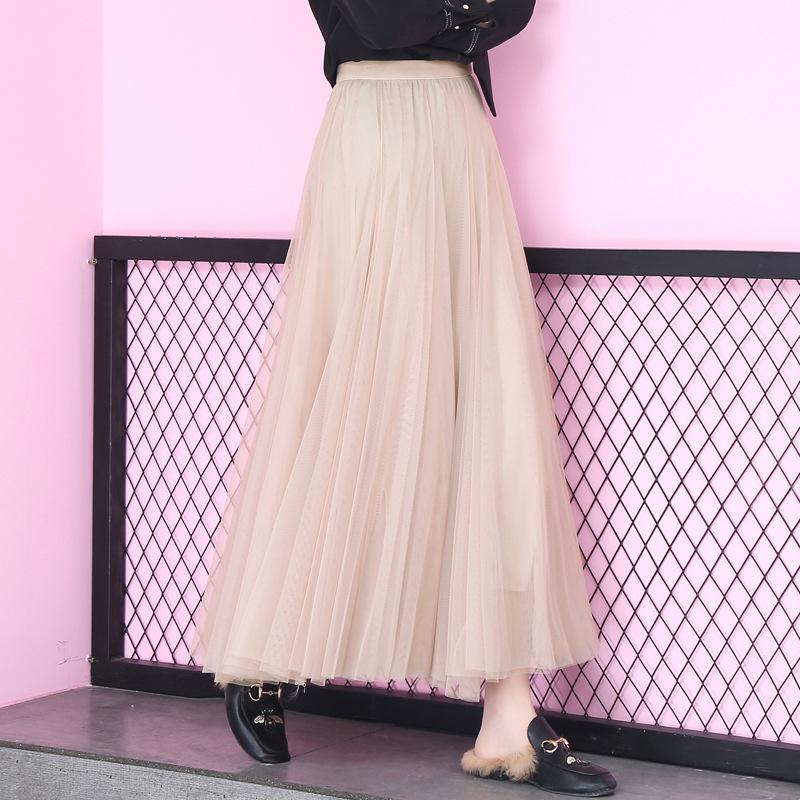 2025 High-Waist A-Line Mesh Skirt: Three-Layer Pleated Fairy Skirt for Spring & Autumn
