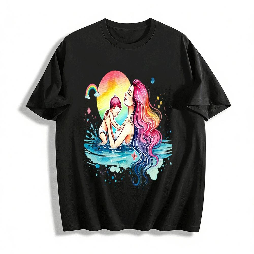 Warm Parent-Child Water Play Print T-Shirt Mom And Baby Interaction Style Pure cotton T-shirt XXS