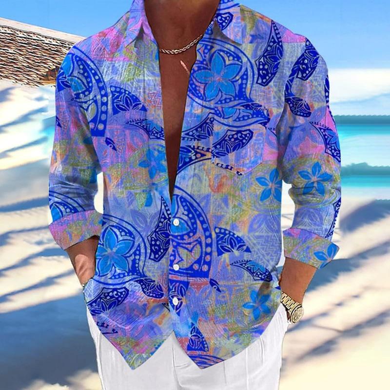 Tropical Turtle Print Long Sleeve Shirt, Perfect for Beach Days