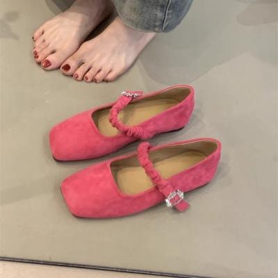 Sapatilhas de balé de fada suaves primavera 2025 Doce francês elegante camurça strass boca rasa palavra sapatos Mary Jane