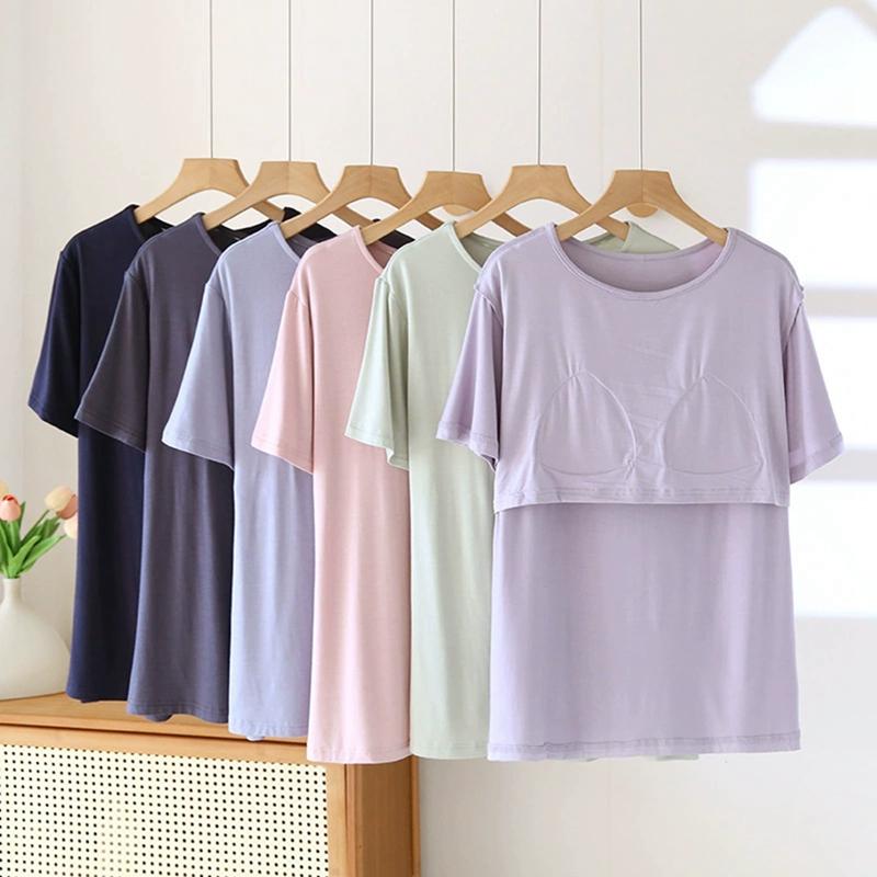 Women O-neck T-shirt with Built-in Bra Casual Solid Color Short Sleeve Top