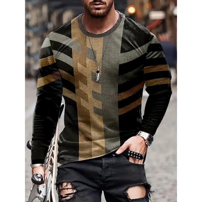Vintage T-Shirt for Men Irregular Plaid Graphic T Shirts Round Neck Long Sleeve Tee Oversized Man Clothing Top Creative Clothing