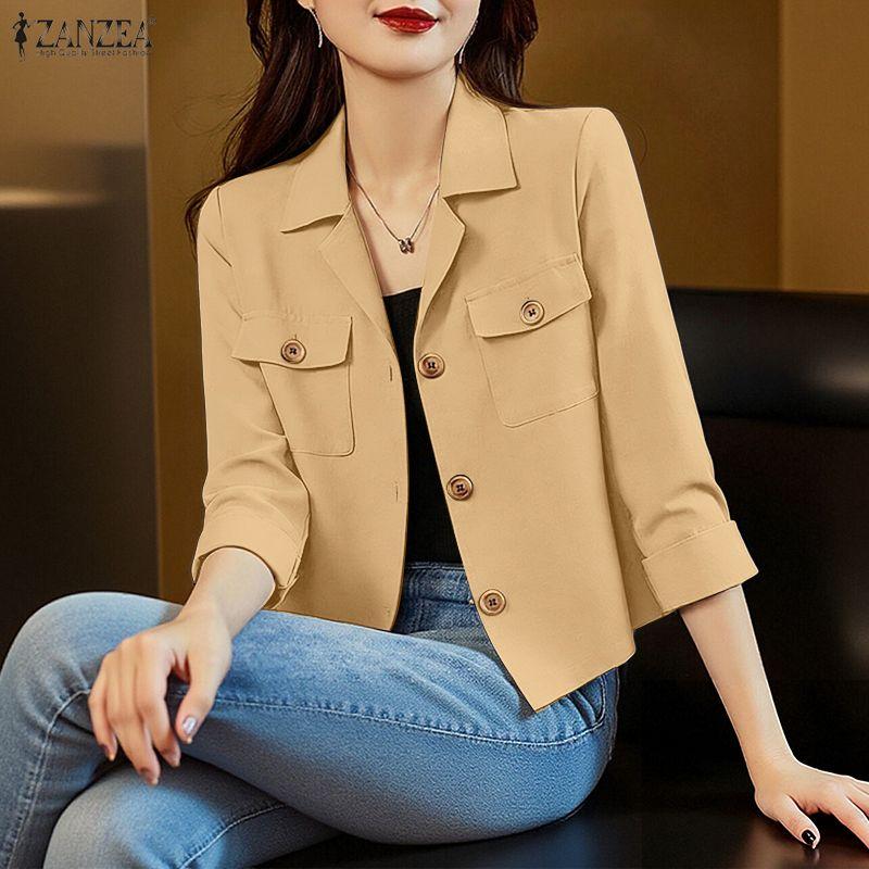ZANZEA Women Casual Turn Down Collar Solid Color 3/4 Sleeve Cardigan Blouse
