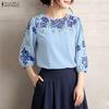 Women Casual Round Neck Floral Print Loose 3/4 Sleeve Blouse