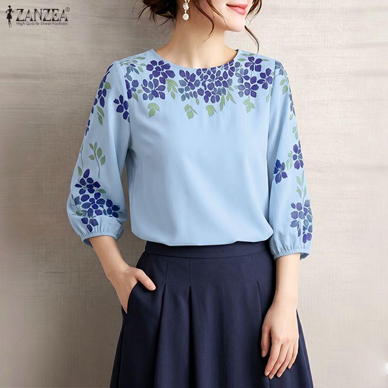 ZANZEA Women Casual Round Neck Floral Print Loose 3/4 Sleeve Blouse