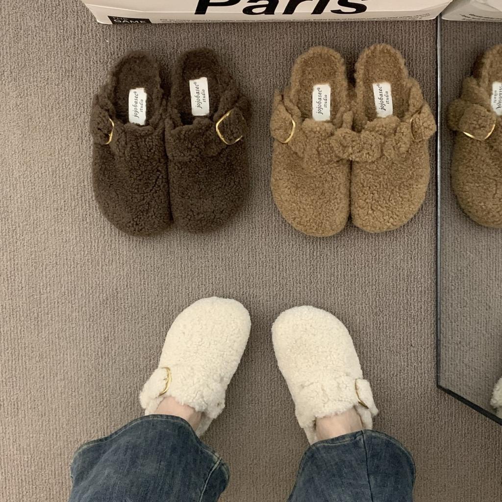 Thick-soled Sheep Curly Wool Plush Bag Head Half Slippers Women's Outer Wear 2025 Winter New Cork Wool Slippers One Pedal