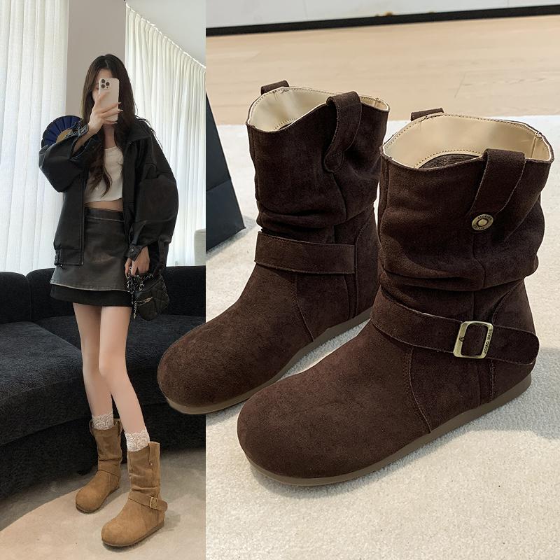 Fashion Fashionable Pleated Boots - Women's 2025 New Winter Belted Flat Nude Boots - Large Size Retro Round Toe Slimming Short Boots