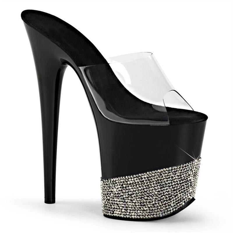Sexy Transparent Platform Sandals | 20CM Crystal Clear Heels | Glitter Rhinestone Accents Metal Buckle | Stage Performance Shoes