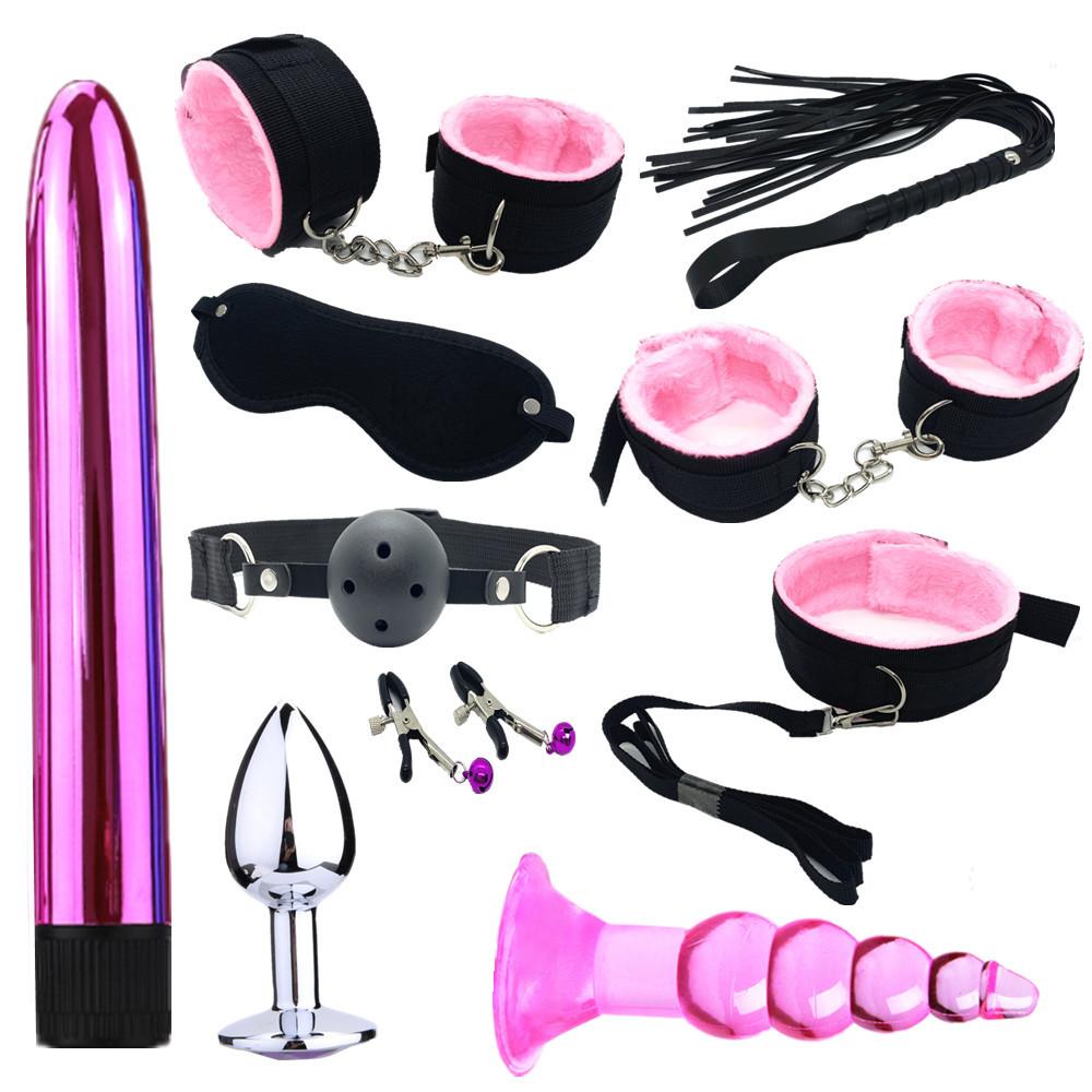 Sexy Nylon BDSM Kit Plush Sex Bondage Set Handcuffs Sex Game Whip Gag Nipple Clip Sex Toy