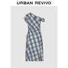 UR Women's Asymmetric Neck Pleated Plaid Sleeveless Dress