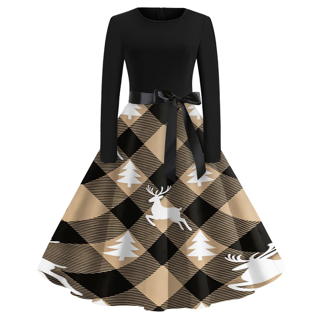 Women's Casual Vintage V-Neck Christmas Print Dress for Festive Occasions