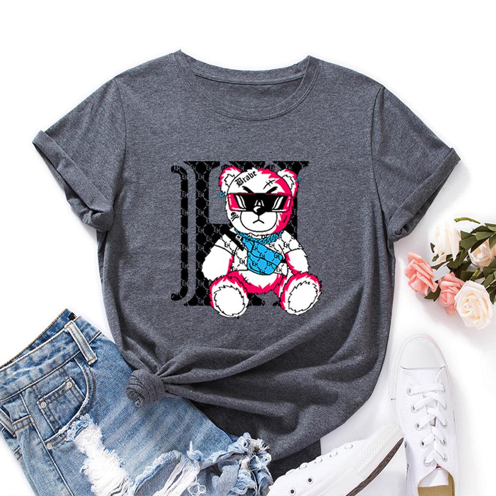 Cartoon Bear Cotton T-Shirt Short Sleeve Round Neck Women 2d Print Tops