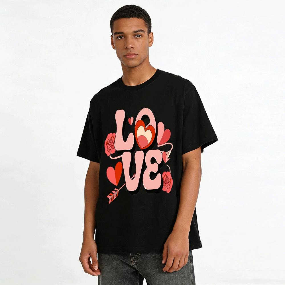 Retro Love Heart Print Couple Style Casual Crew Neck T-Shirt Pure cotton T-shirt