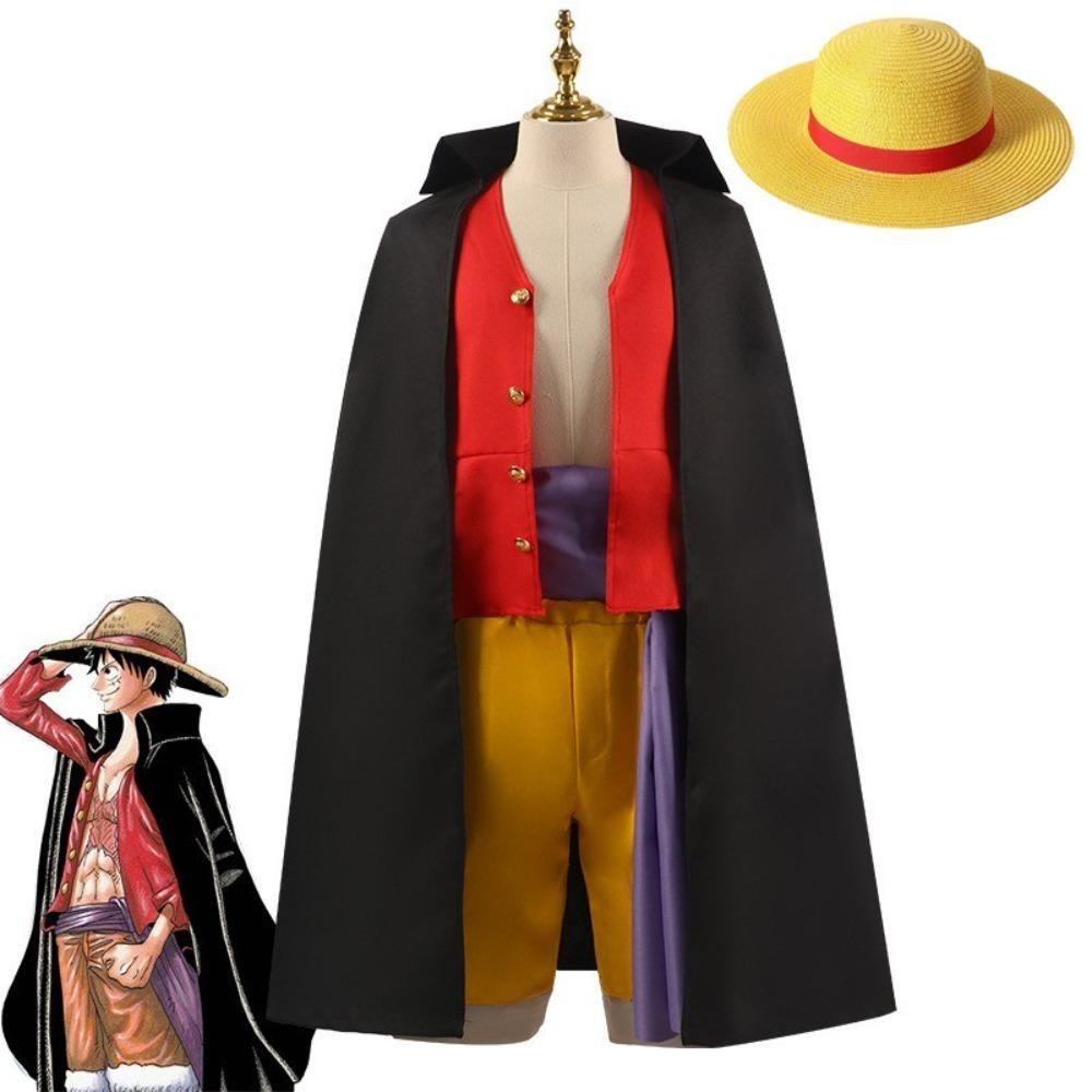 One Piece Onigashima Monkey D Luffy Cosplay Kostüm, Schwarzer Umhang Rote Weste Gelbe Hose mit Strohhut, Anime Halloween Rollenspiel Outfit für Erwachsene Kinder