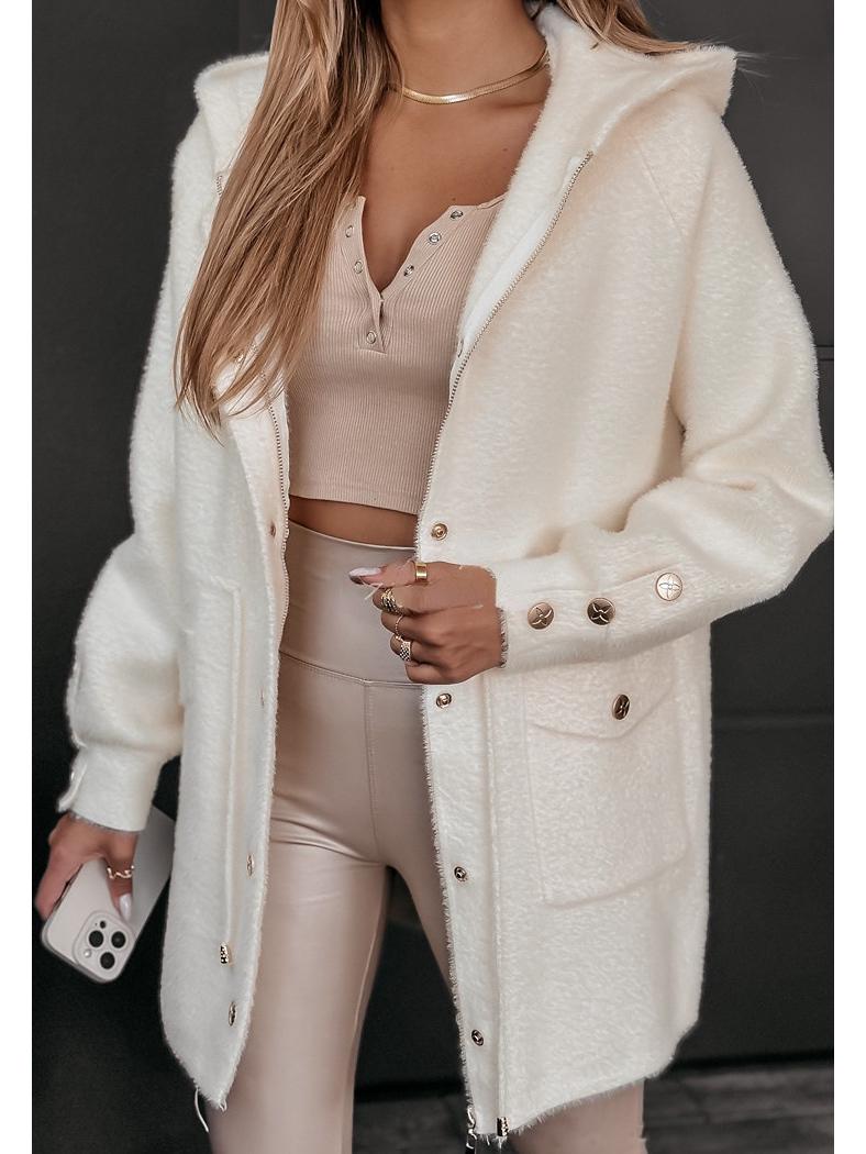 

2024 Urban Fashion Hooded Woolen Coat with Drawstring Waist & Metal Buckle Zipper S