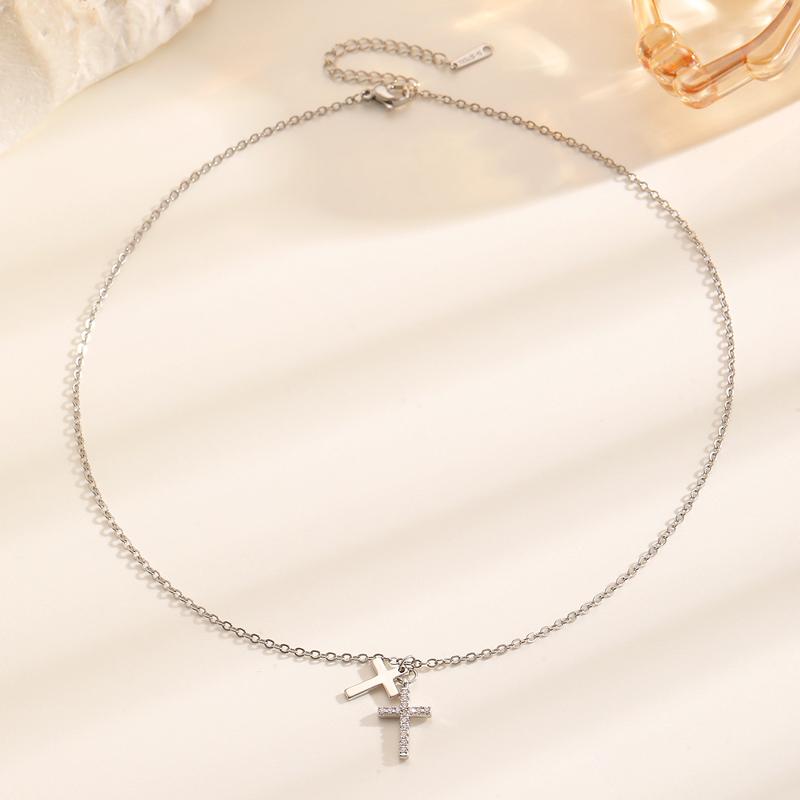 Luxury Stainless Steel Double-Layer Cross Pendant Necklace for Women Shiny Cubic Zirconia Geometric Clavicle Chain Daily Jewelry