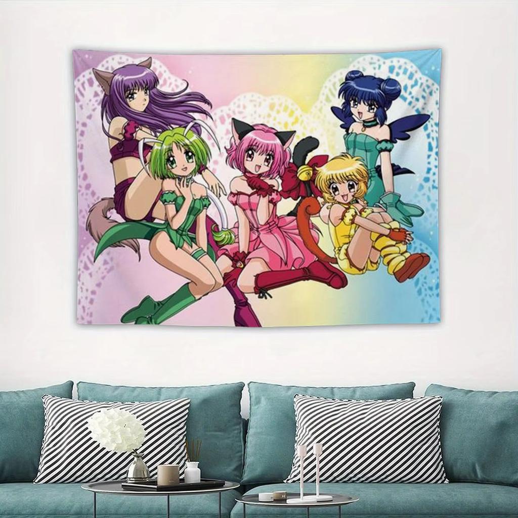 Tokyo Mew Mew Anime Printed Tapestry, Kawaii Cartoon Wall Hanging Banner for Bedroom Living Room Party Room Decor Gift