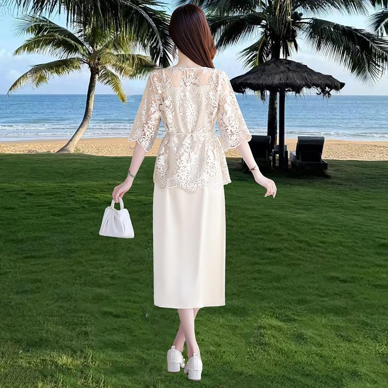 2025 New Fashion High-End Women's Camisole Lace Blouse and Mid-Length Dress Set