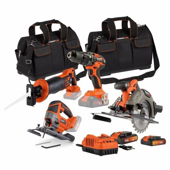 Pack 4 tools - DUAL POWER - 20 V - Drill/driver + saws (sauté pan, saber, circular) - 2 batteries and charger nero